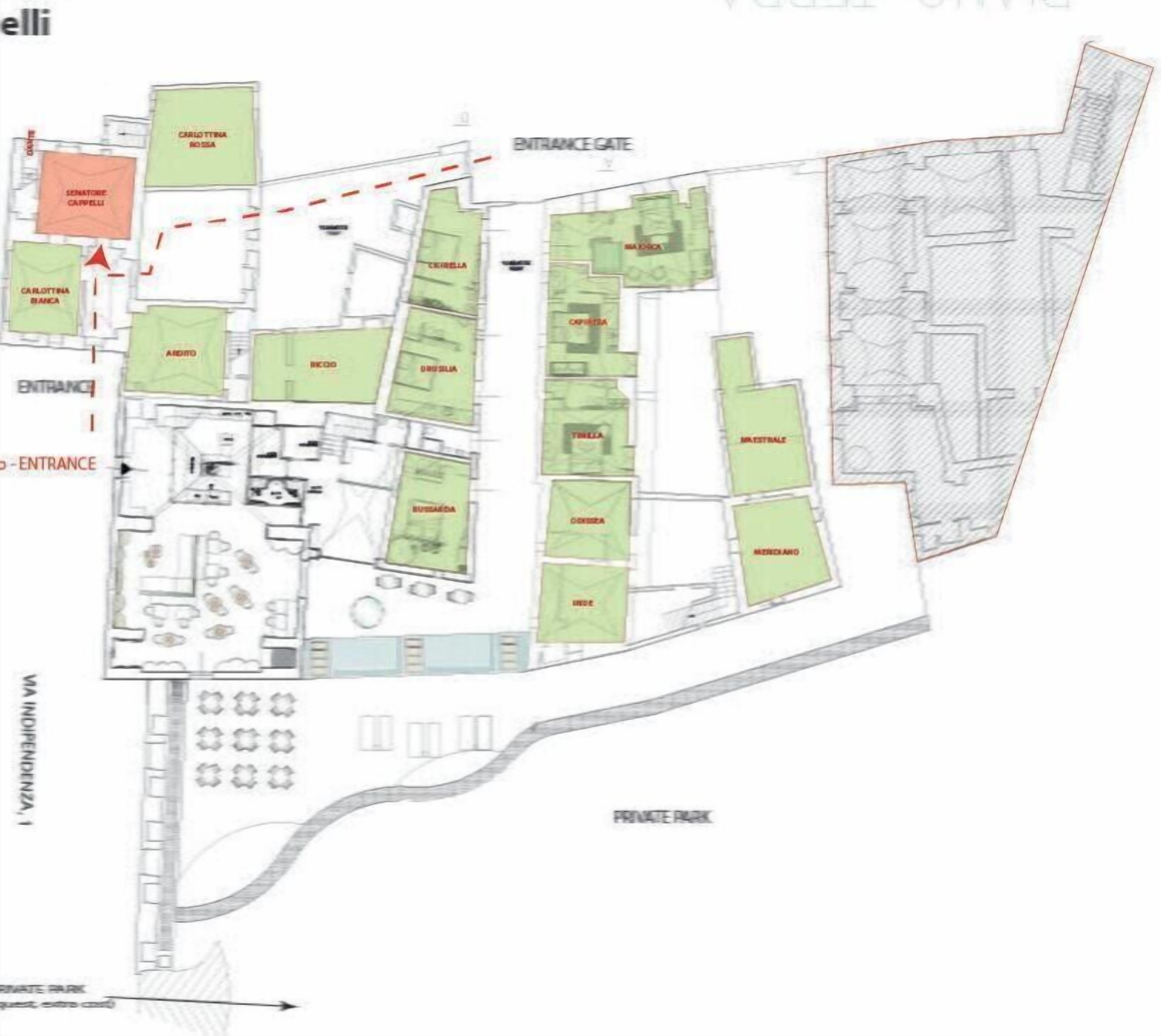 A floor plan of a hotel with multiple rooms, a private park, and designated areas for amenities like a bank and a café.