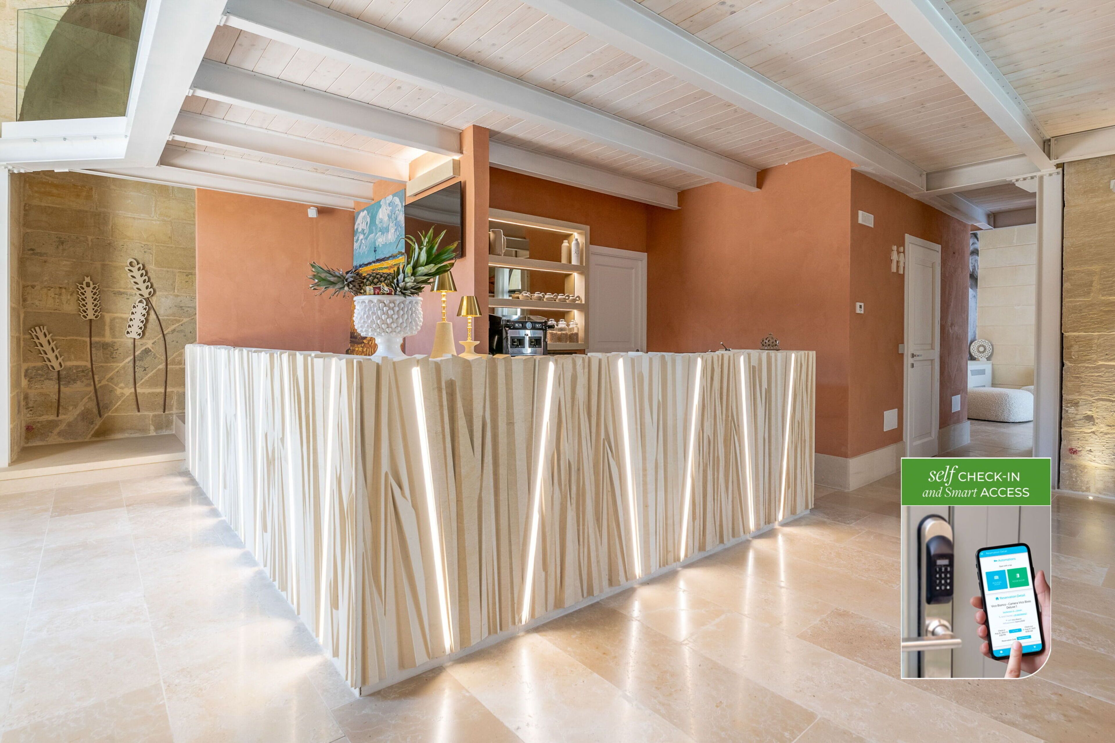 A reception area with a modern design, featuring a self-check-in kiosk and a digital display for smart access.