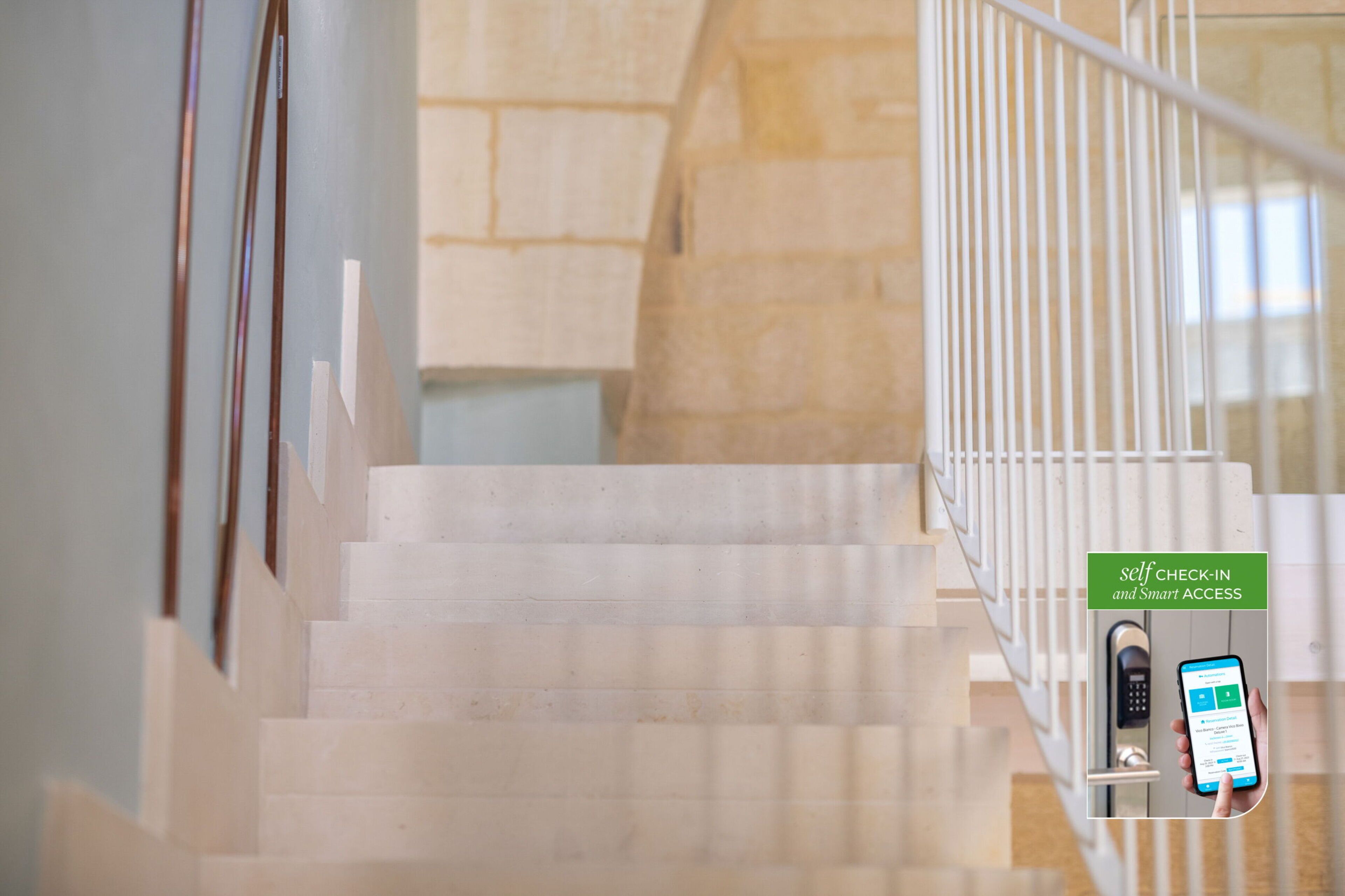 A staircase with a self-check-in and smart access system.