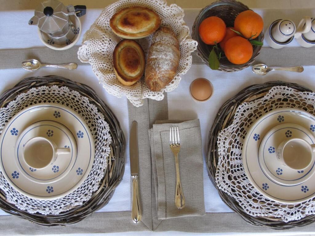 A table set with plates, a basket of oranges, a teapot, and a cup.
