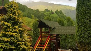 Une structure de jeux en bois, dotée d’un toboggan et d’un petit abri, entourée d’une végétation luxuriante et avec une chaîne de montagnes en arrière-plan.