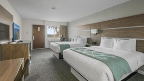 Ein Hotelzimmer mit zwei Betten, einem Schreibtisch, einem Fernseher und einem Fenster mit Blick.