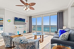 Condo, Multiple Beds, Balcony, Ocean View (Celadon Beach Resort 909) | Living area - Splash, Relax & Repeat at Dolphin View Retreat! Beachfront! Sleeps 9! (Panama City Beach)