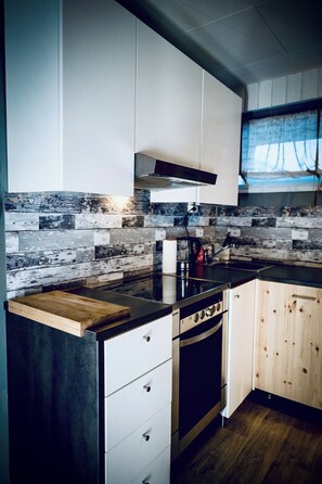 Een magnetron, een oven, een kookplaat, een vaatwasser