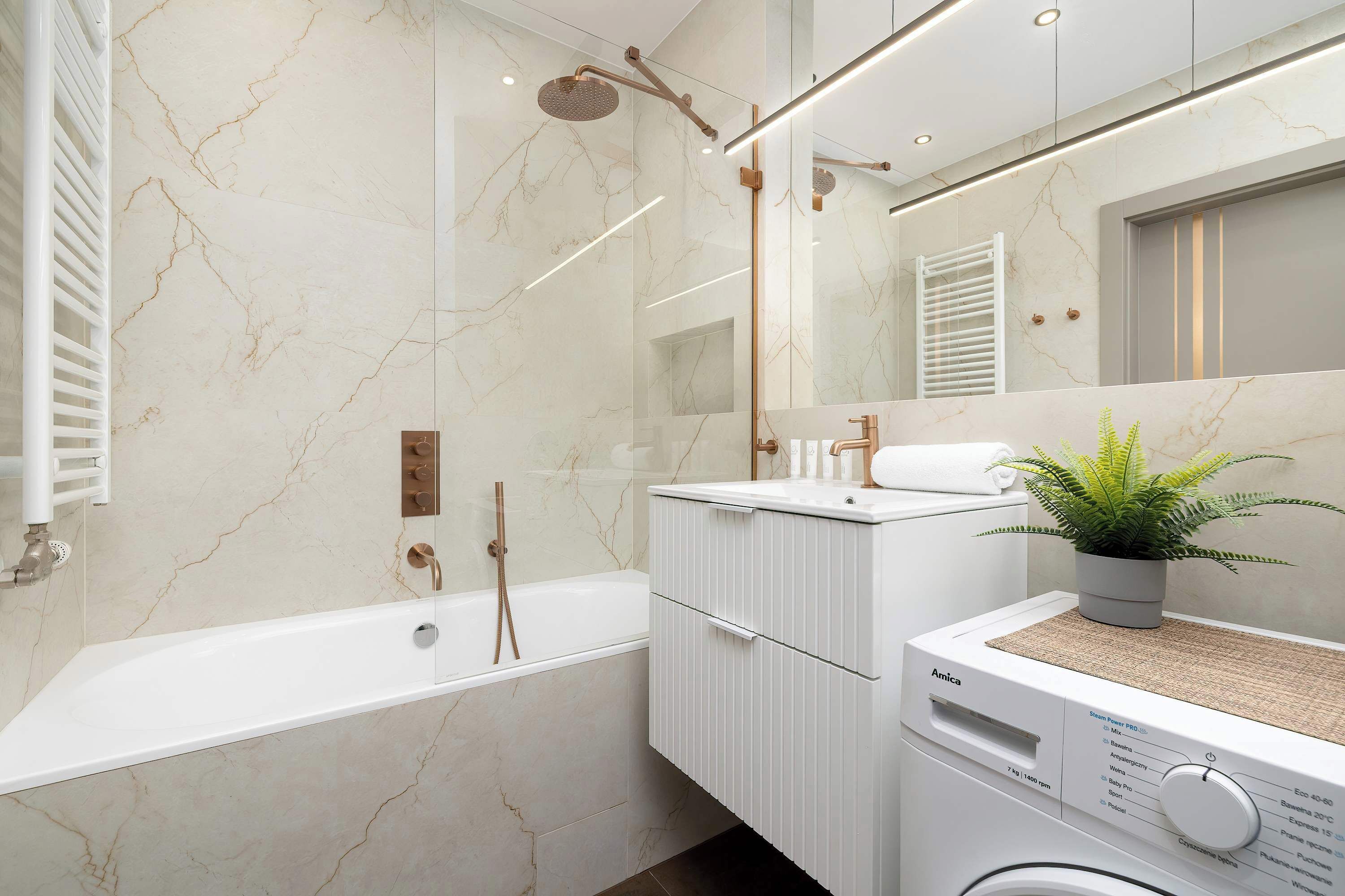 Shower, hair dryer, towels, shampoo