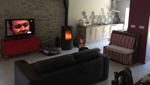 A living room with a television, a sofa, a fireplace, and a kitchen area with cabinets and a countertop. - Parenthèse nature au cœur des Gorges du Tarn - Charming house & patio (Rivière-sur-Tarn)