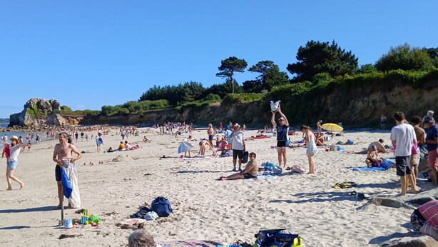 Ein voller Strand mit Menschen, die sich sonnen und schwimmen.