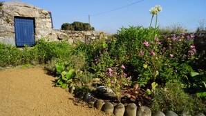 Ein Garten mit Kiesweg, einer Steinmauer und einer blauen Tür.