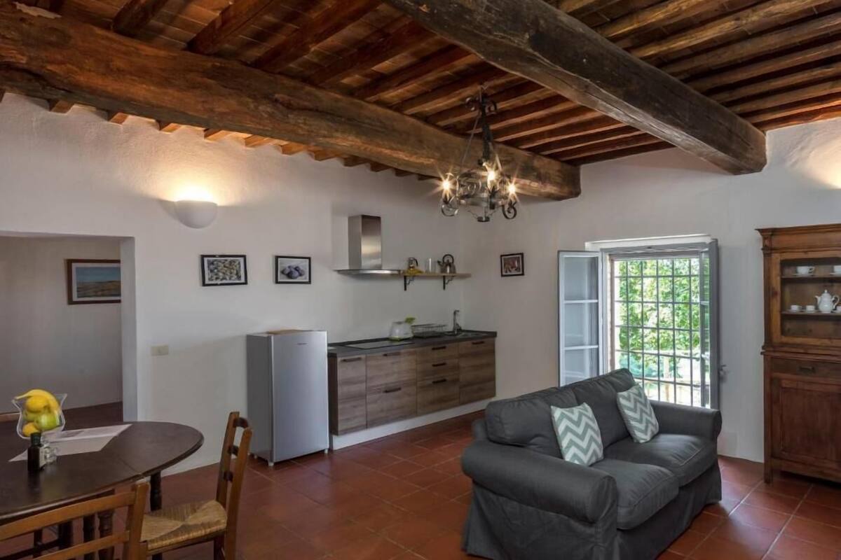 Een gezellige woonkamer met een bank, een eettafel met stoelen, een keuken met een koelkast, en een raam met uitzicht op groen.