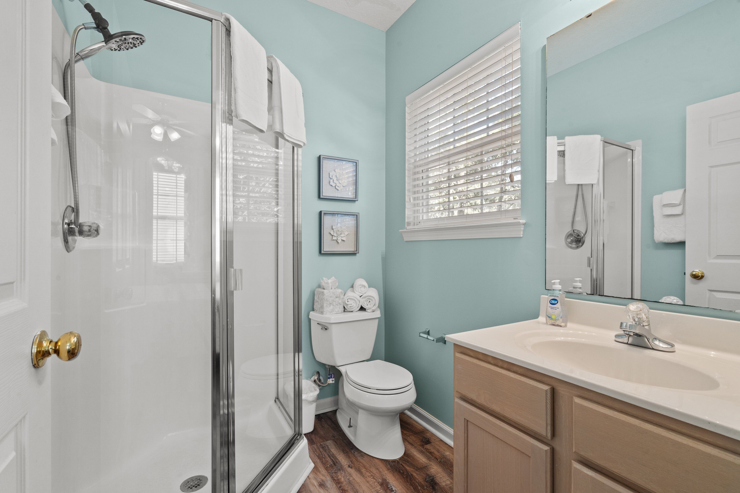 Une salle de bain avec une douche à parois de verre, des toilettes, un lavabo avec un miroir et des meubles en bois.