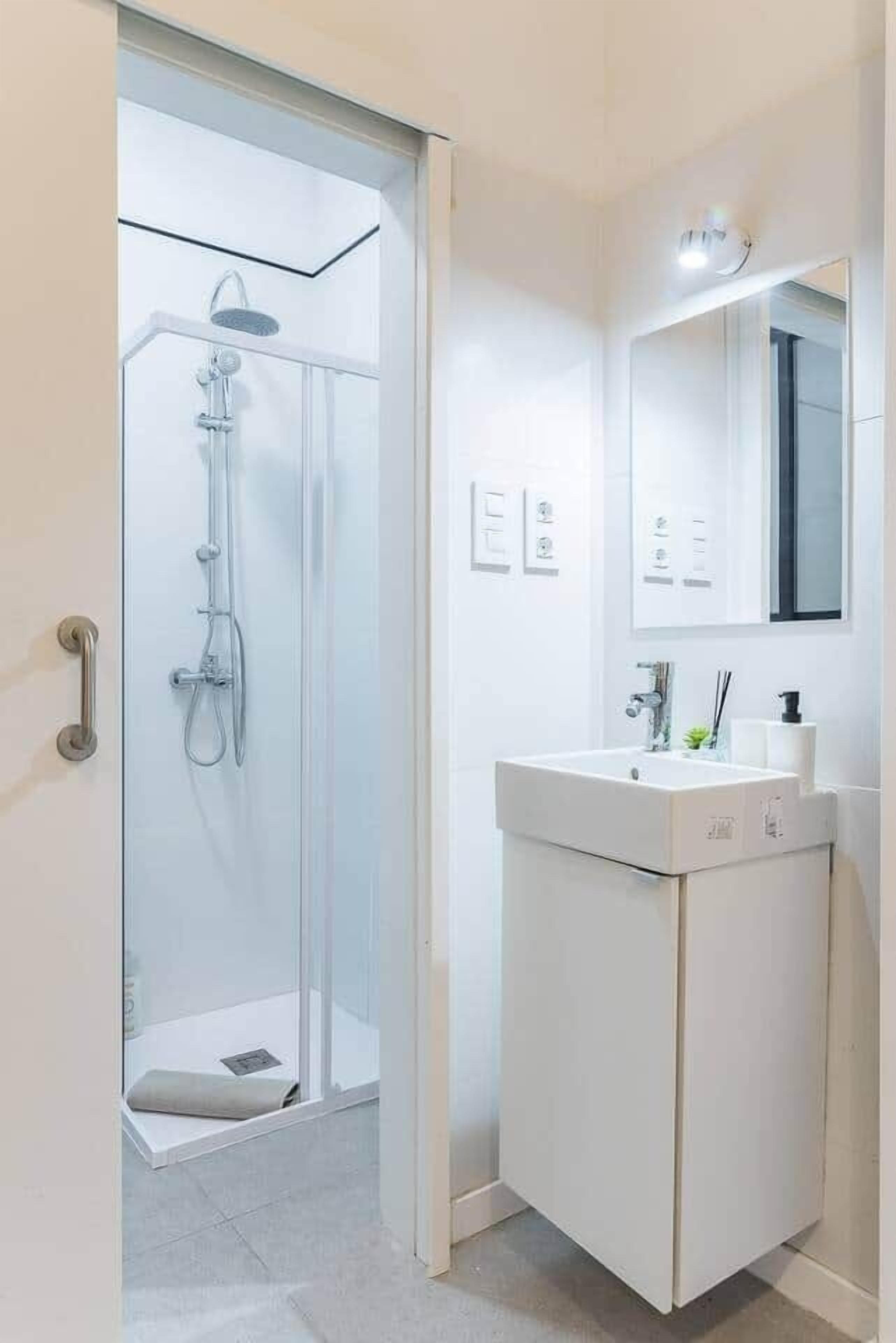 Shower, hair dryer, soap, shampoo
