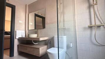 Shower, towels, soap, toilet paper