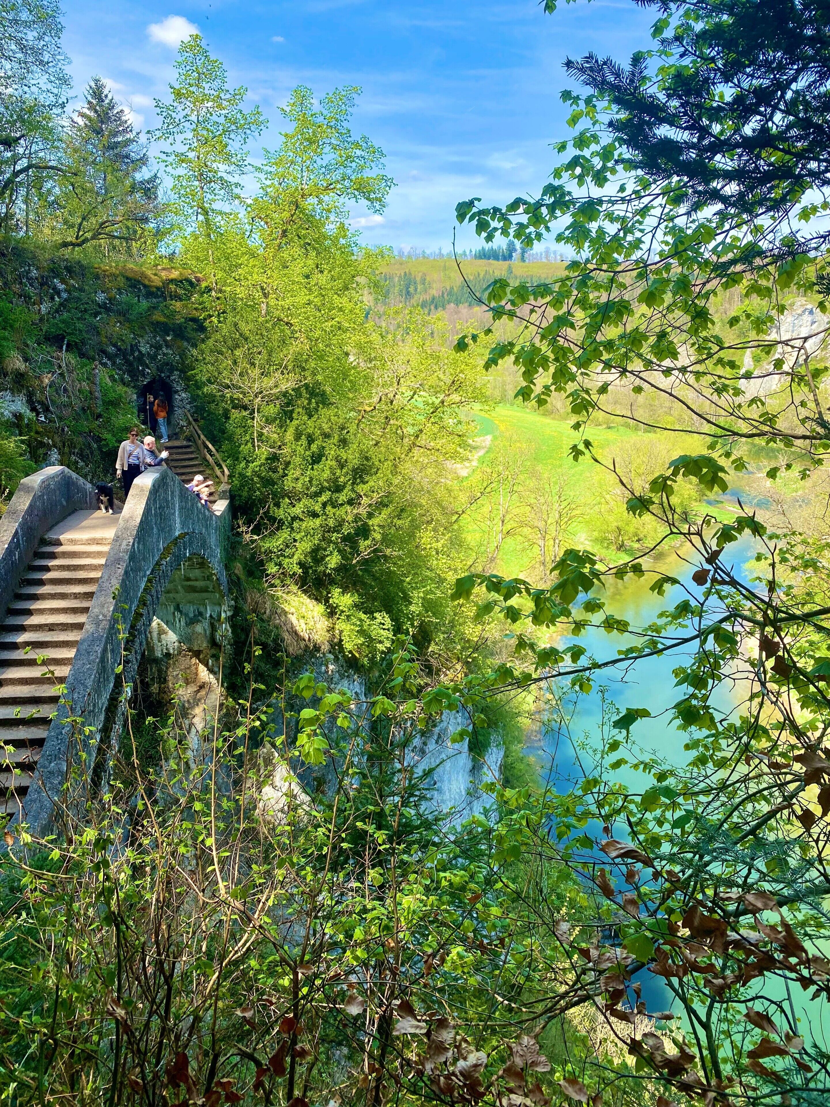 A stone bridge over a river with a forested area on either side.