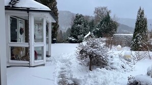 Un paisaje cubierto de nieve con un edificio blanco que tiene ventanas grandes y una puerta.