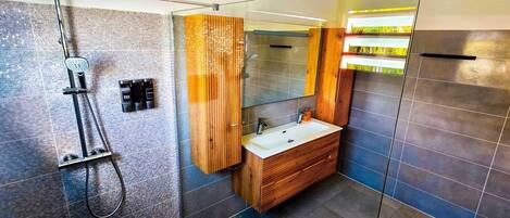 A modern bathroom with a shower, a sink, and a mirror.