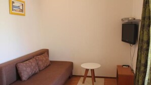 A small, furnished room with a brown sofa, a small round table, a television, and a patterned rug. - Sanja Apartments Posedarje (Posedarje)