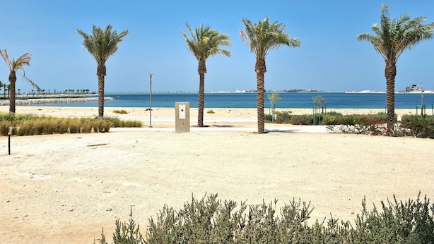 A sandy beach with palm trees and a clear blue sky. - Beachfront Apartment (Lusail)