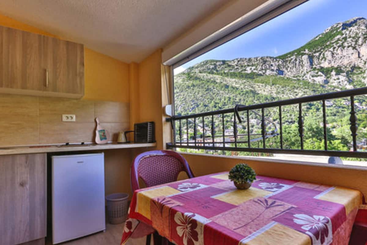 A compact kitchen with a refrigerator, a sink, and a window overlooking a mountainous landscape.