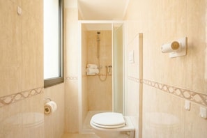 Une salle de bain avec douche, toilettes et porte-serviettes.