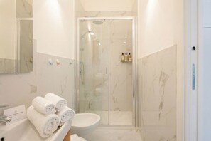 Regadera, toallas, shampoo, papel de baño 