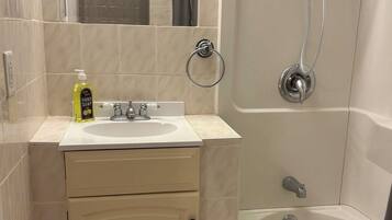 Hair dryer, towels, soap, toilet paper