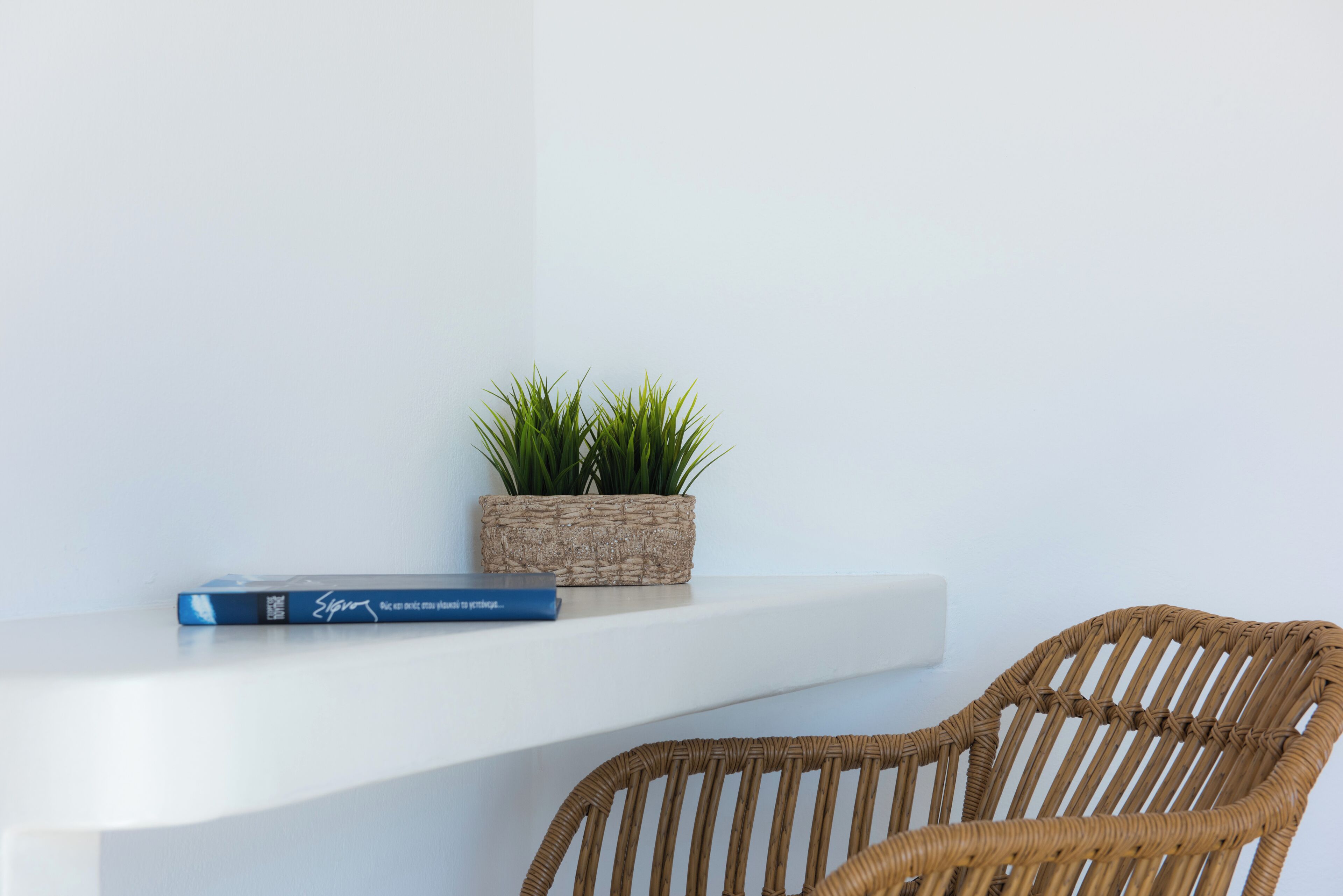 A white shelf with a woven basket containing green plants and a blue book.