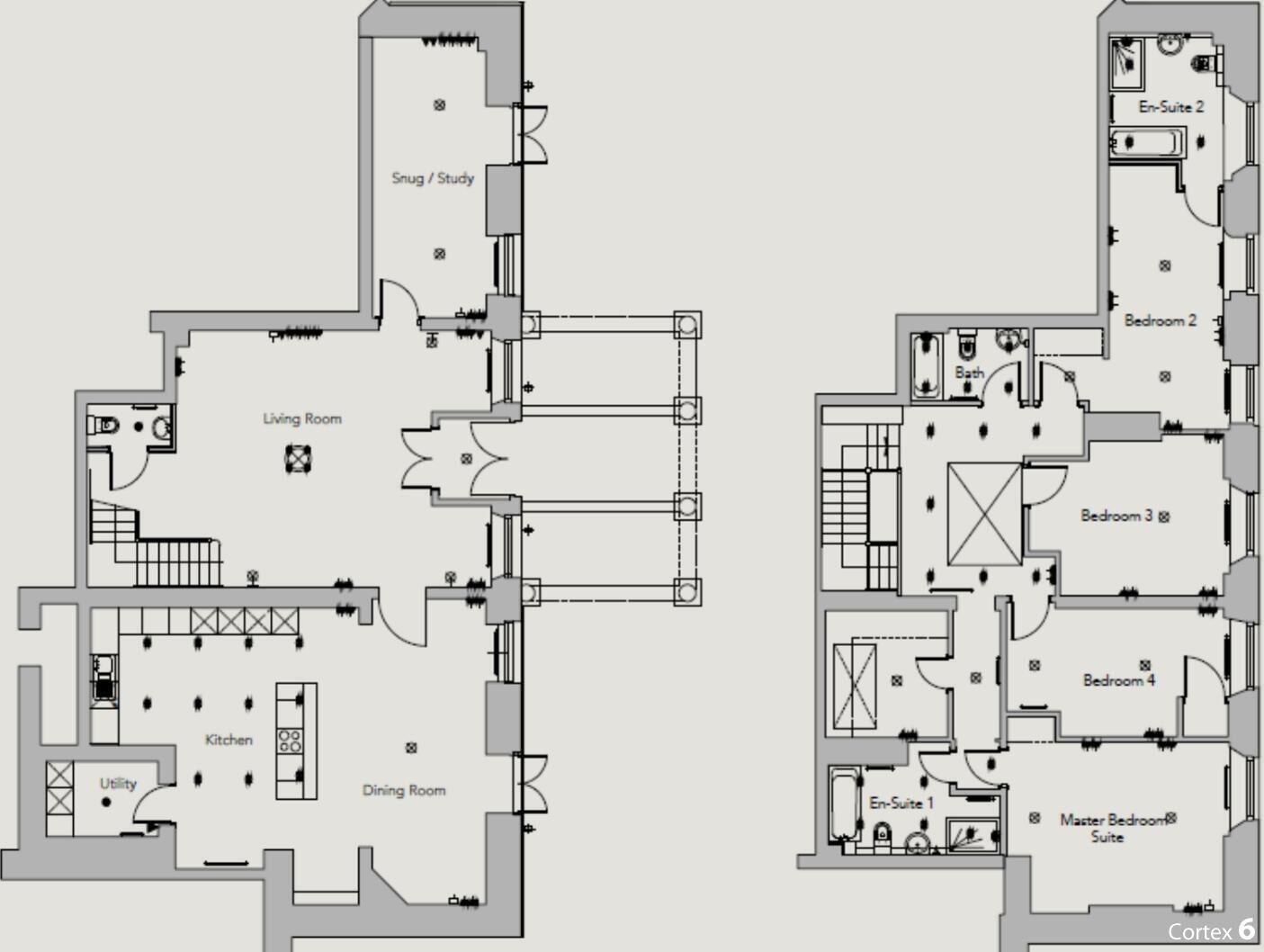Un plan d’étage comprenant un salon, une cuisine, une salle à manger et plusieurs chambres, dont une suite parentale.