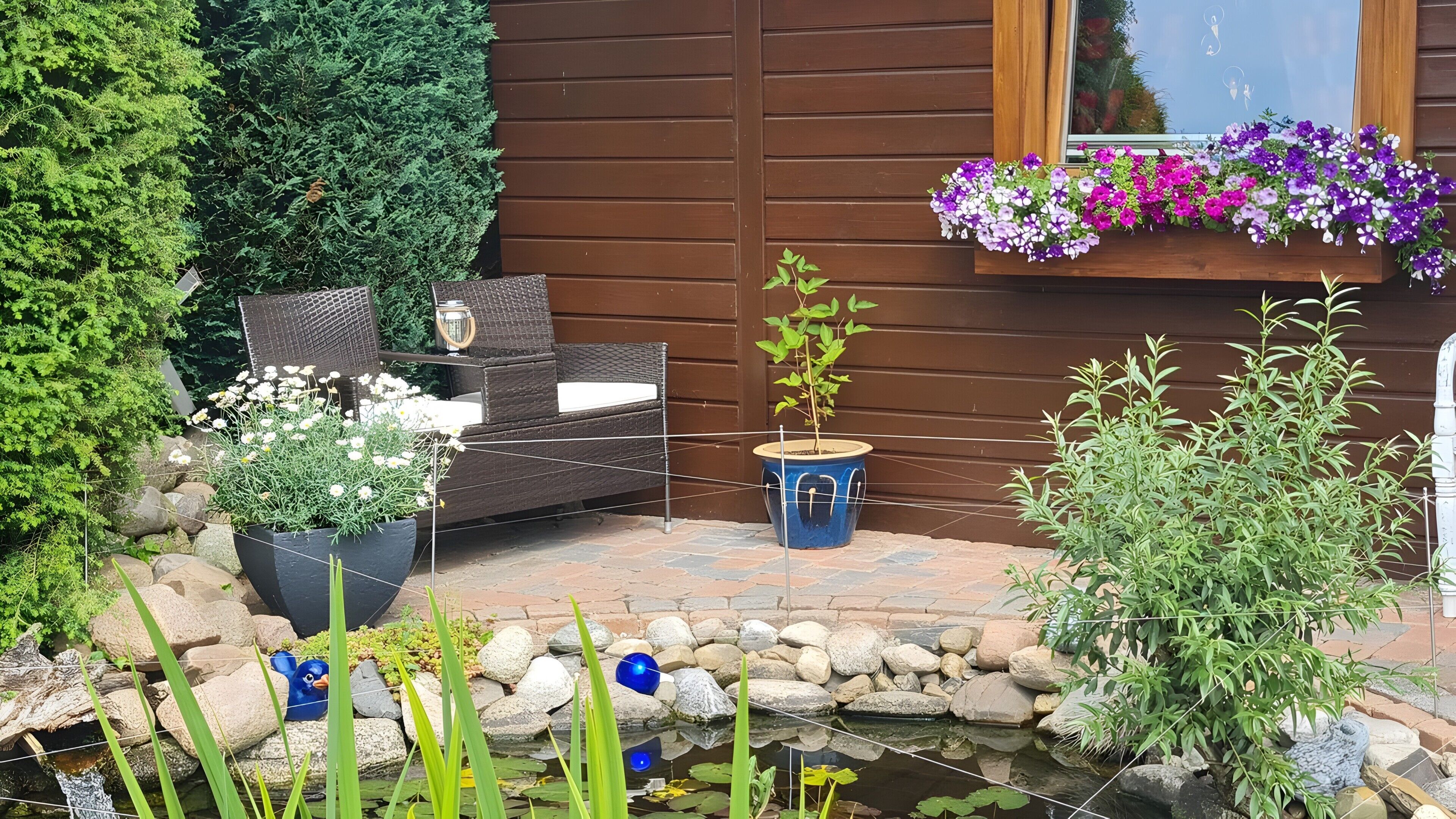 Een tuin met een vijver, een houten bankje en een raam met bloemen.