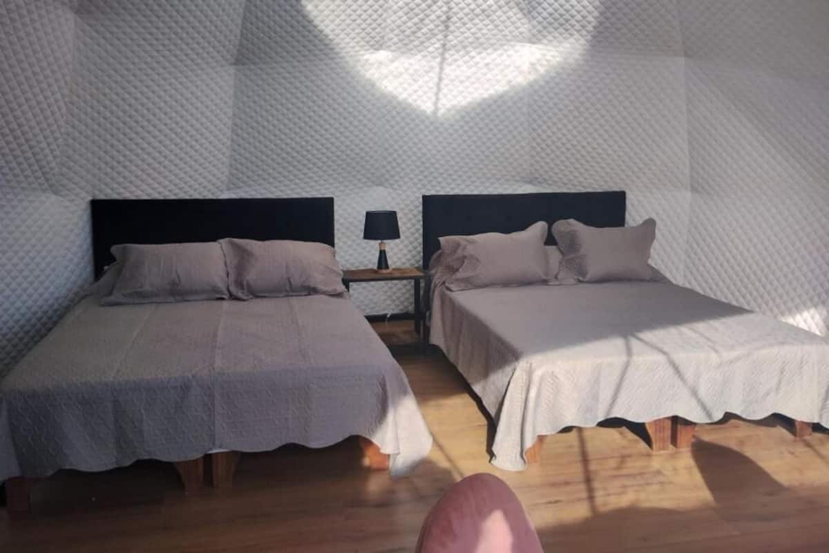 Dos camas individuales con cabeceras y marcos de madera, una mesita de noche con lámpara, y un diseño acolchado en la pared.