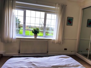 A bedroom with a large window, a radiator, a bed, and a mirror.