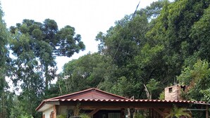 A house with a patio, surrounded by lush greenery and a well-maintained lawn with stepping stones. - Quiet Corner (Prudentópolis)