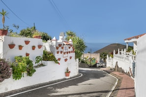 A narrow street with white walls, potted plants, and a clear blue sky.