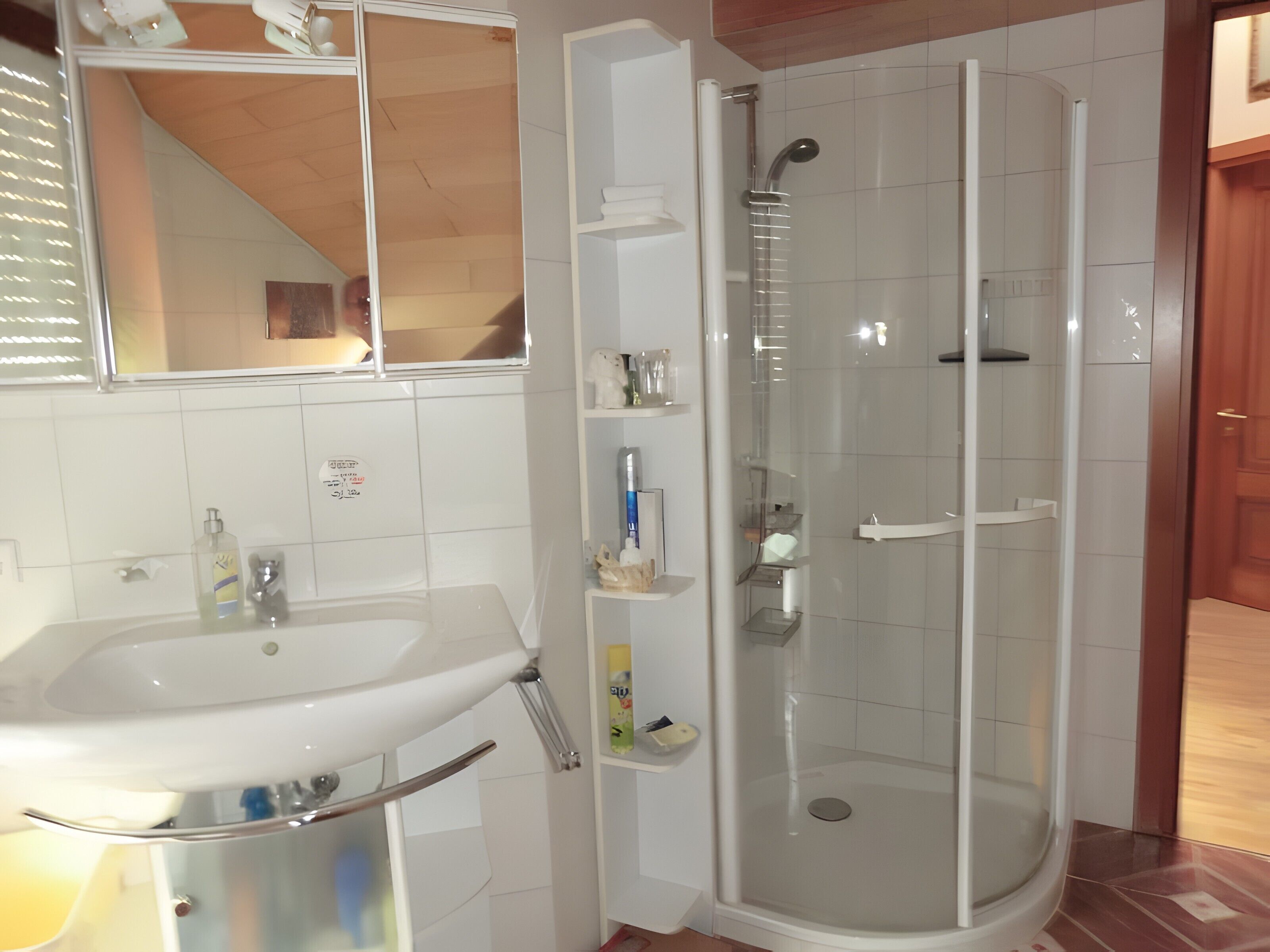 Een badkamer met een witte wastafel, een douchecabine met glazen wanden en een spiegel.