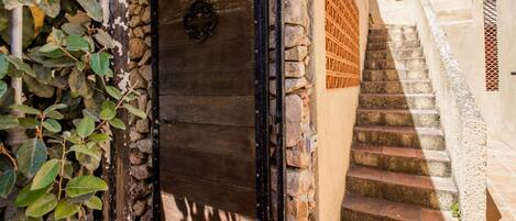 Una pared de piedra con una puerta de madera, una escalera y plantas trepadoras.