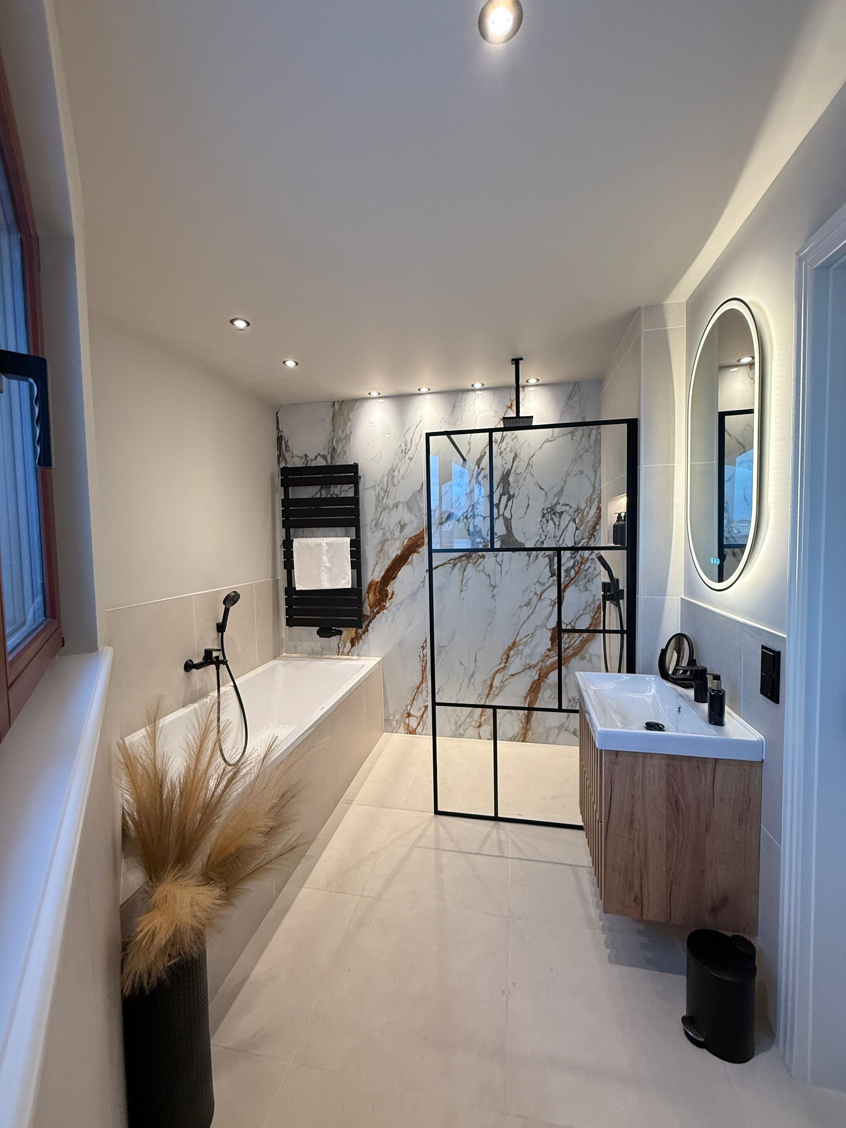 Shower, hair dryer, towels