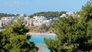 Une ville côtière avec des immeubles à plusieurs étages, une plage et une végétation luxuriante.
