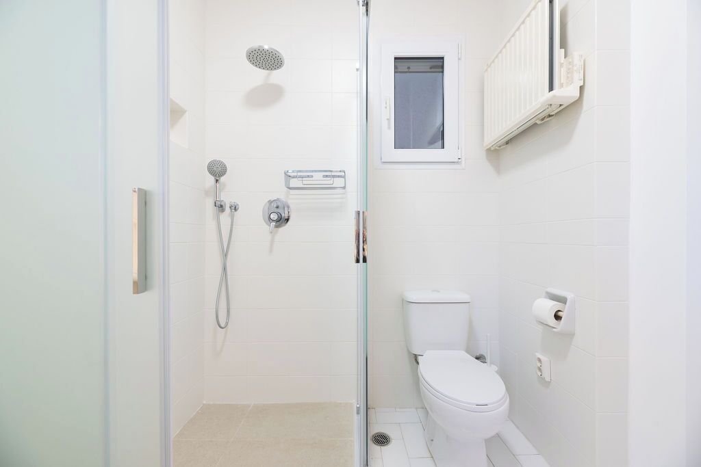Une salle de bain avec une douche à parois de verre, des toilettes et un radiateur.