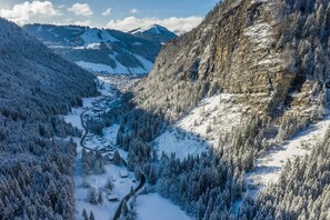 Eine gebirgige Landschaft mit schneebedeckten Bäumen und einem Tal.