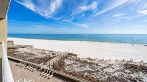 Uitzicht op een strand met blauwe lucht, zandstrand en een houten vogelbeschermingspad.