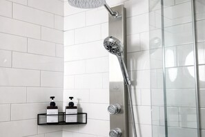 Shower, towels, soap, toilet paper