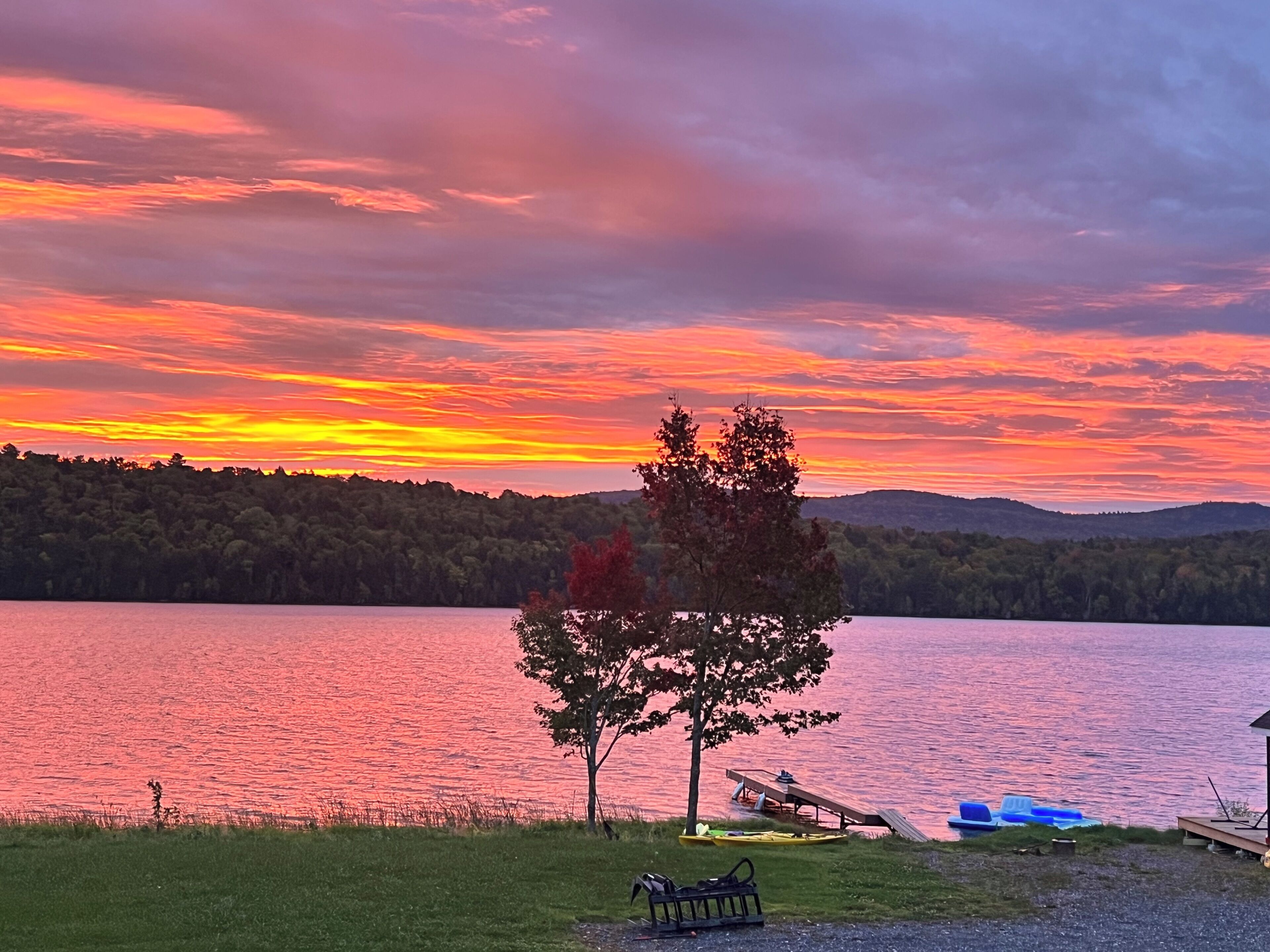 Une vue sur un lac, avec un quai, un petit bateau et un arbre au premier plan.