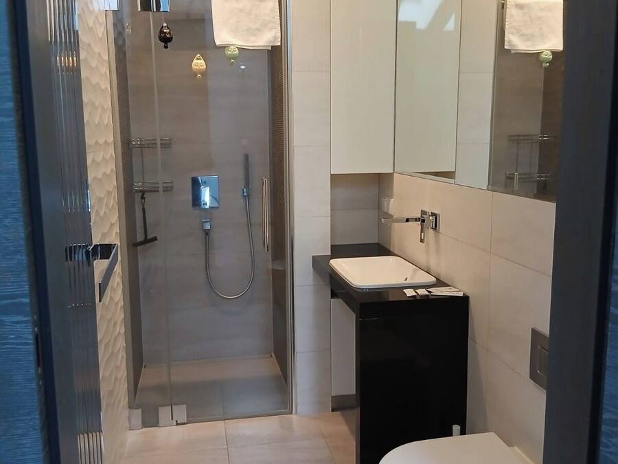 A modern bathroom with a glass-enclosed shower, a black sink, and a white toilet.