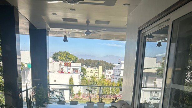 Un soggiorno moderno con un divano, un tavolo da pranzo e piante in vaso.