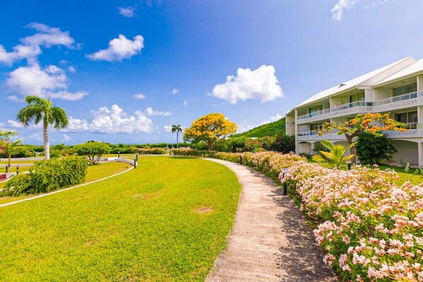 Um hotel com um caminho curvo ladeado por flores cor-de-rosa, uma palmeira e um edifício com varandas.