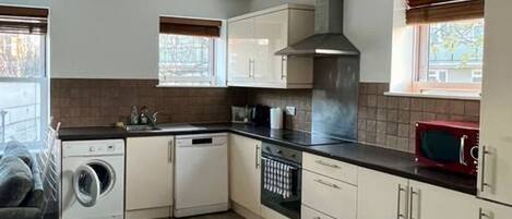 A compact kitchen with a washing machine, dishwasher, oven, and a microwave.
