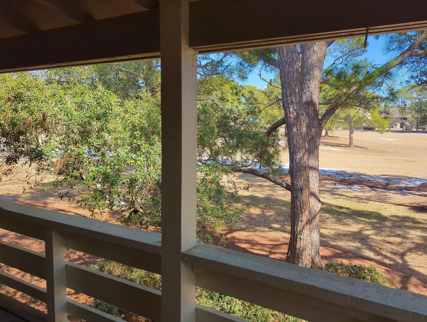 Vue depuis un espace abrité doté d’une rambarde en bois, donnant sur une zone herbeuse avec des arbres et un ciel dégagé.