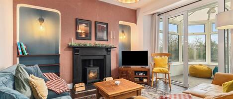 Smart TV, fireplace, DVD player, books
