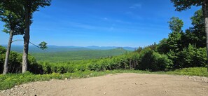 Un sendero de tierra rodeado de árboles y una vista de un paisaje verde con montañas a lo lejos.