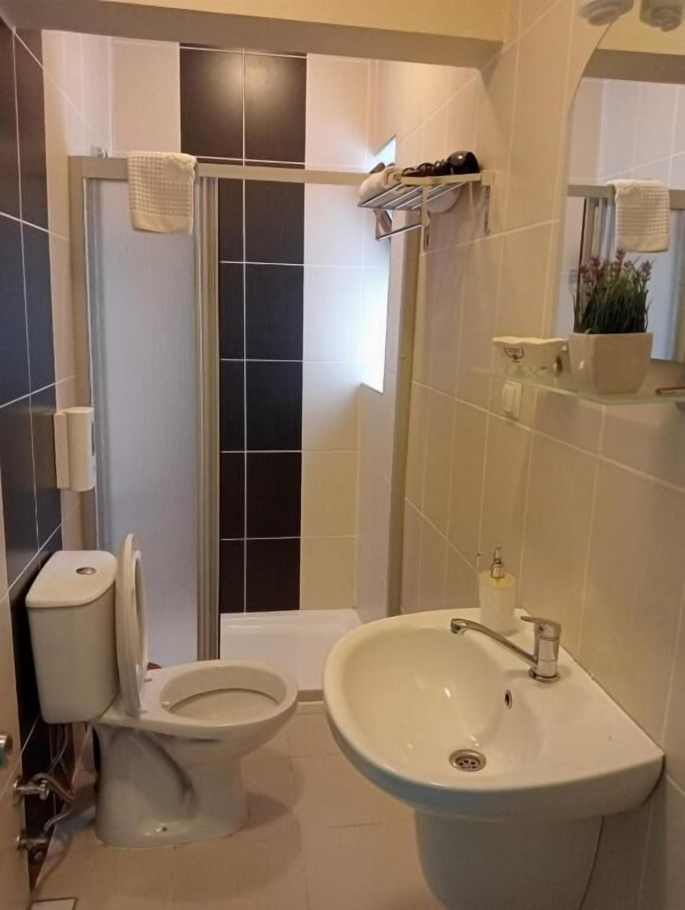 A bathroom with a toilet, sink, and shower area.