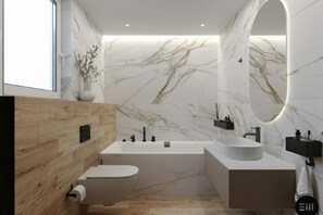 Shower, hair dryer, towels, soap - Two-Bedroom Apartment with Private Balcony Level 6, A (Marsalforn)